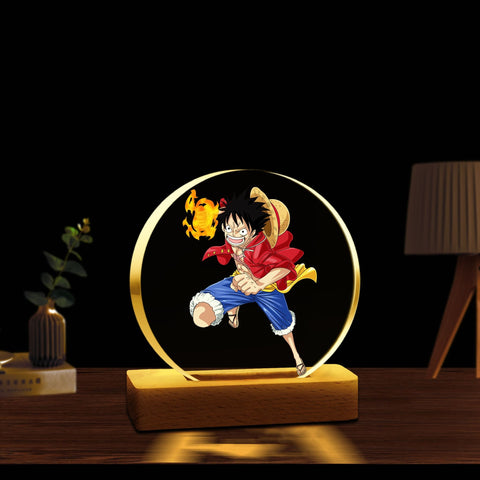 Anime LED Lamp – Gojo | Luffy | Tanjiro | Nezuko (Acrylic Light with Wooden Base)