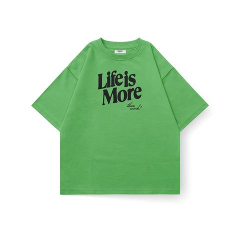 Kaihama oversized "Life Is More" T-shirt, white cotton, relaxed fit, casual style, front graphic design, short sleeves.