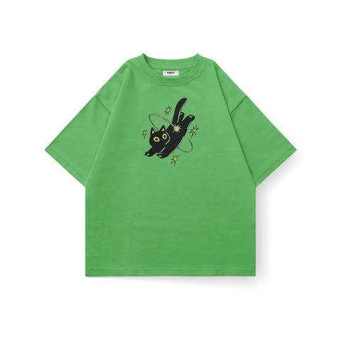 Cosmic Cat oversized T-shirt by Kaihama featuring a colorful celestial cat graphic on soft fabric.
