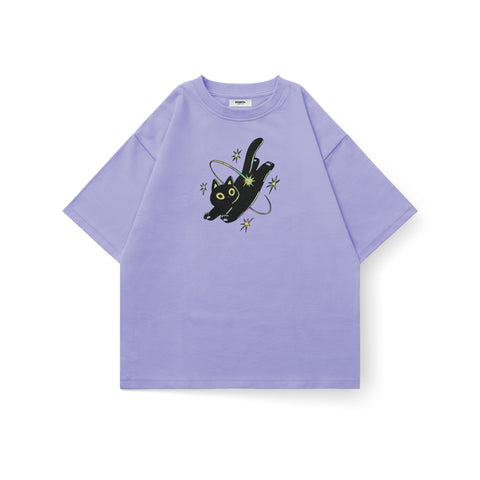 Cosmic Cat oversized T-shirt by Kaihama featuring a space-themed feline graphic in vibrant colors.