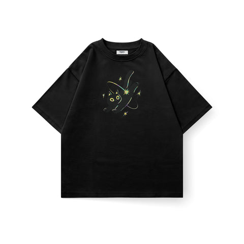Cosmic Cat oversized T-shirt by Kaihama featuring a space-themed cat graphic on soft fabric, casual style.