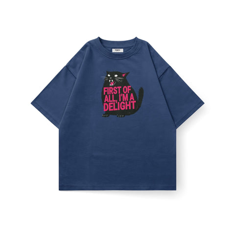 Kaihama oversized T-shirt with "First of All, I'm a Delight" printed slogan, casual fit, soft fabric, front view.