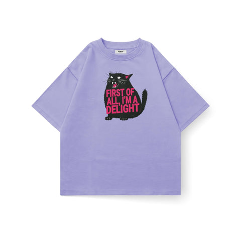 Oversized Kaihama "First of All, I'm a Delight" T-shirt with bold text, casual fit, and comfortable fabric, front view image.