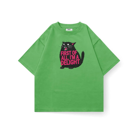 Kaihama oversized t-shirt featuring the phrase "First of All, I'm a Delight" in bold white text on a casual fabric background