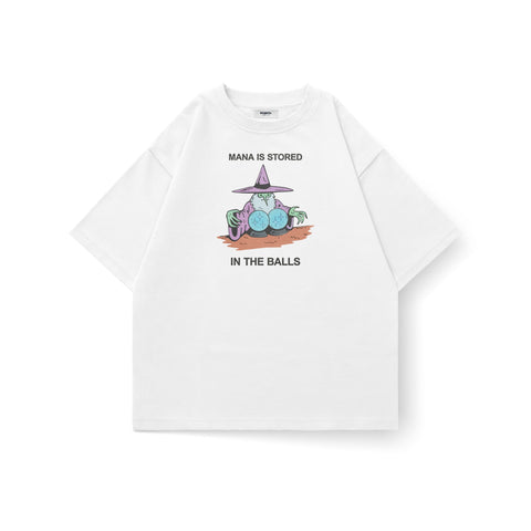 Kaihama Mana Is Stored oversized T-shirt in black, featuring bold graphic print and relaxed fit, displayed on a white background.