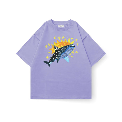 Kaihama Cosmic Whale oversized T-shirt featuring a vibrant whale and cosmic design on soft fabric.