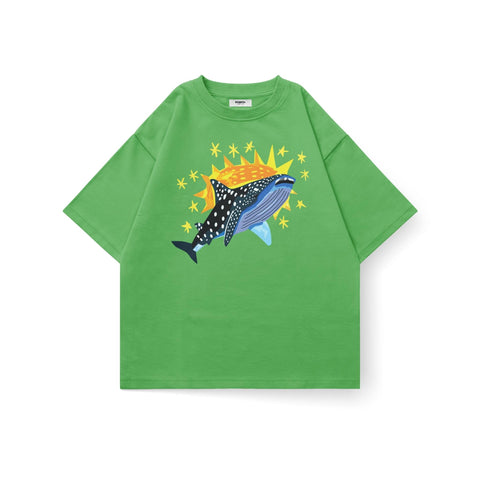 Kaihama Cosmic Whale oversized T-shirt featuring a colorful whale graphic on soft fabric, styled casually against a plain background.