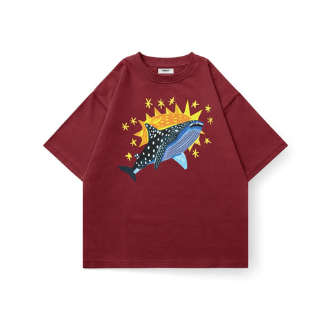 Kaihama Cosmic Whale oversized T-shirt featuring a vibrant whale and cosmic design on soft fabric.