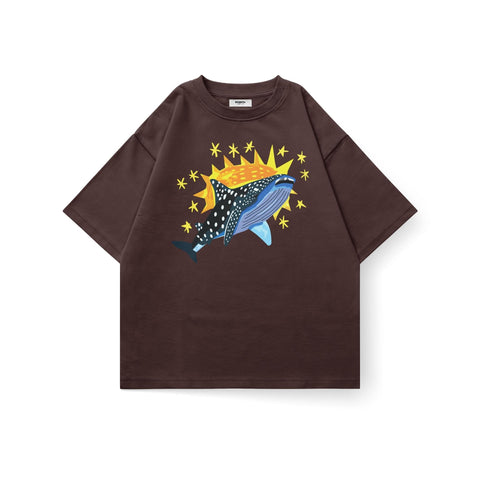 Kaihama Cosmic Whale oversized T-shirt featuring a vibrant whale and cosmic design on soft fabric.