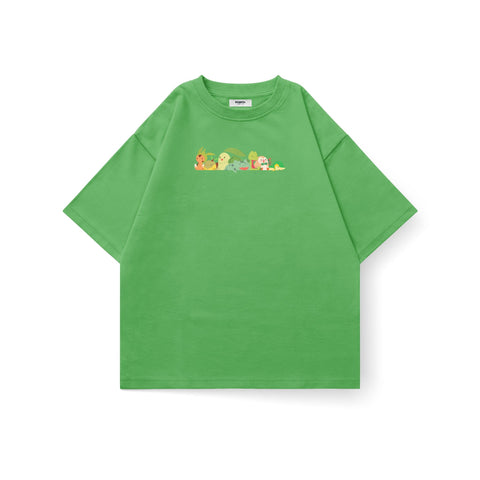 Kaihama Pokemon Grass Squad oversized T-shirt with green and yellow Pokémon graphics on white cotton fabric.