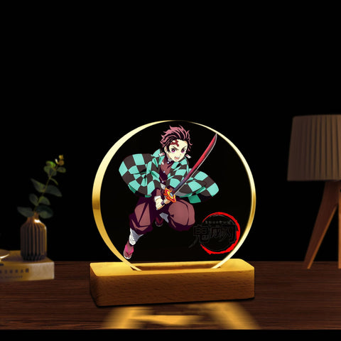 Anime LED Lamp – Gojo | Luffy | Tanjiro | Nezuko (Acrylic Light with Wooden Base)
