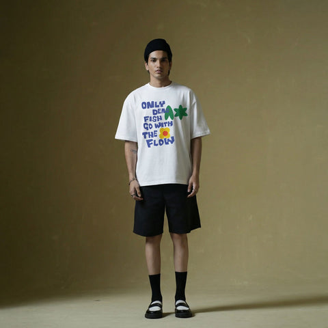 Kaihama oversized T-shirt featuring a graphic design with dead fish and flowing text on soft fabric.